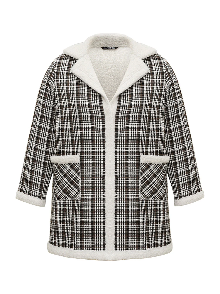 Plaid Fuzzy Trim Patchwork Lapel Collar Pocket Coat - Image 6