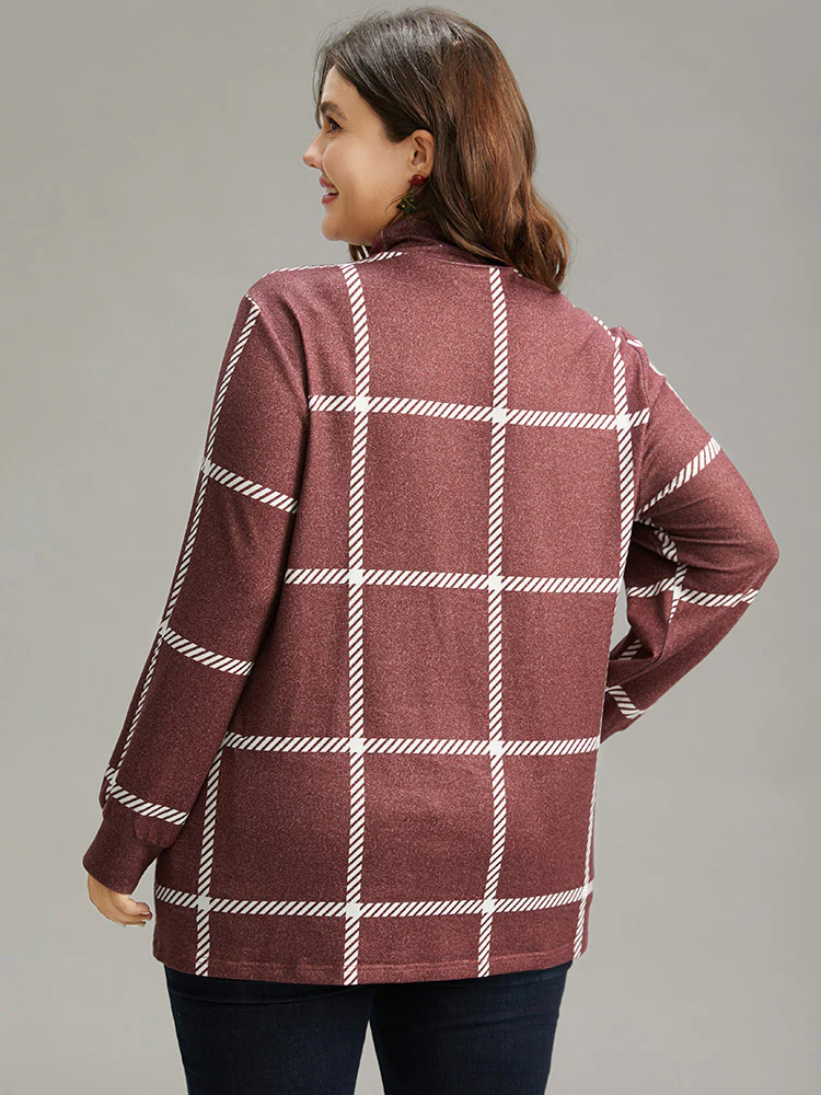 Plaid Geometric Contrast Funnel Neck T-shirt - Image 2