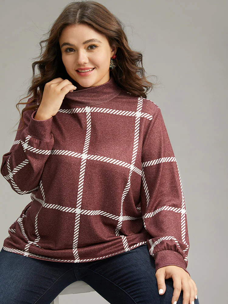 Plaid Geometric Contrast Funnel Neck T-shirt - Image 3
