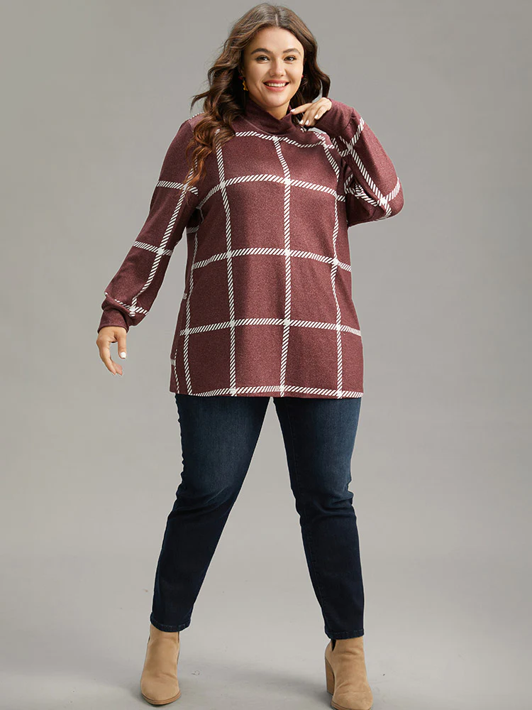 Plaid Geometric Contrast Funnel Neck T-shirt - Image 4