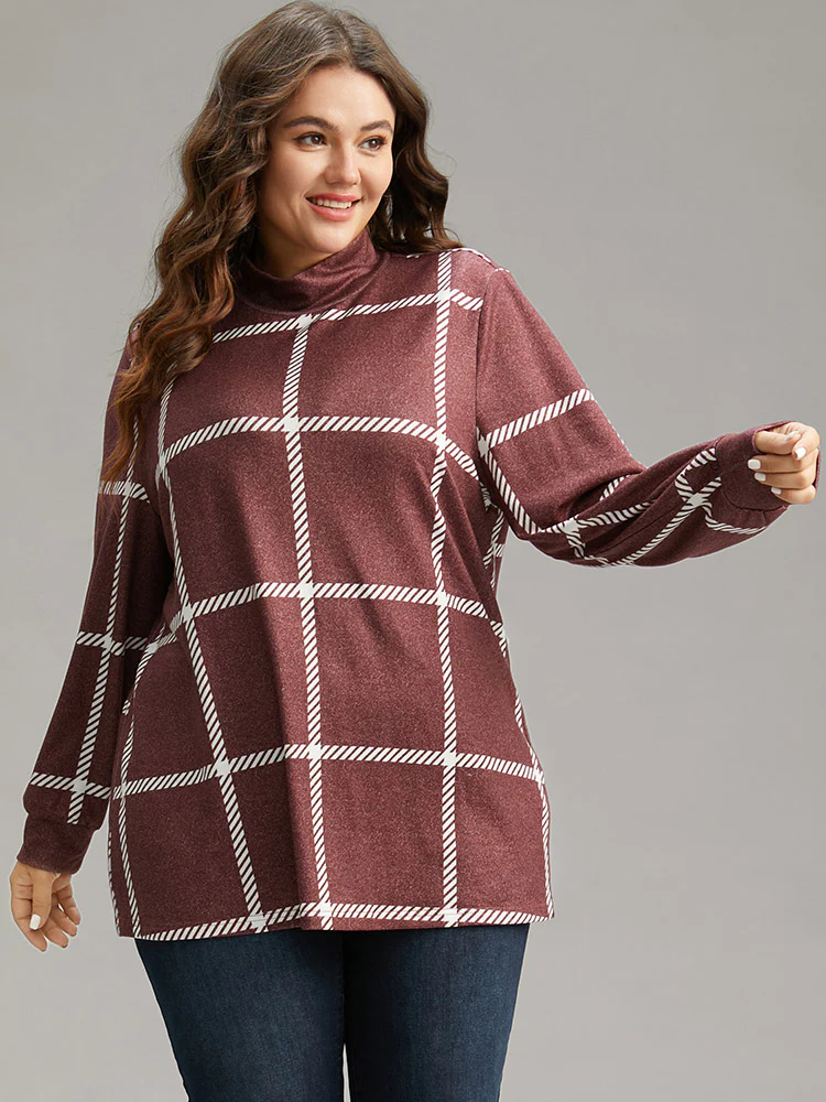 Plaid Geometric Contrast Funnel Neck T-shirt - Image 5