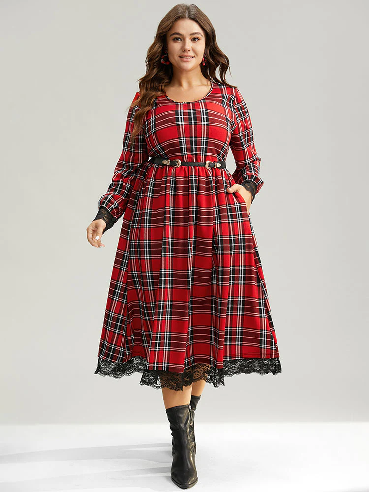 Plaid Guipure Lace Elastic Waist Gathered Dress - Image 2