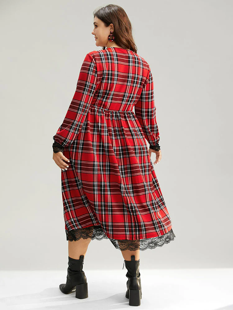 Plaid Guipure Lace Elastic Waist Gathered Dress - Image 3