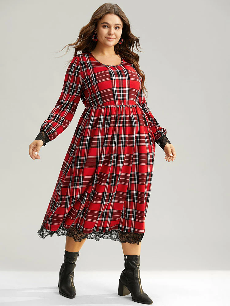 Plaid Guipure Lace Elastic Waist Gathered Dress - Image 4