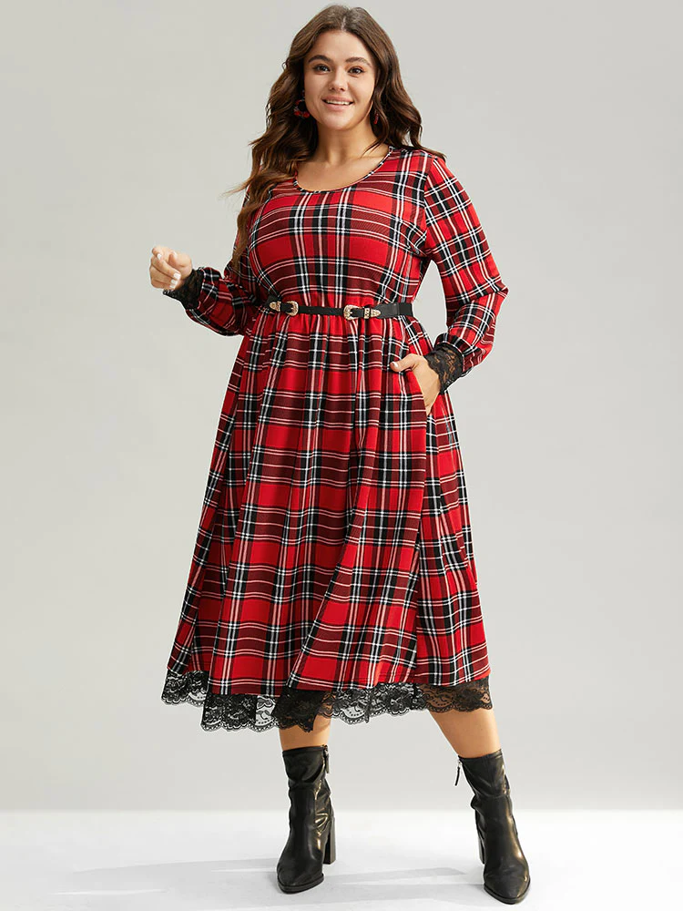 Plaid Guipure Lace Elastic Waist Gathered Dress - Image 5