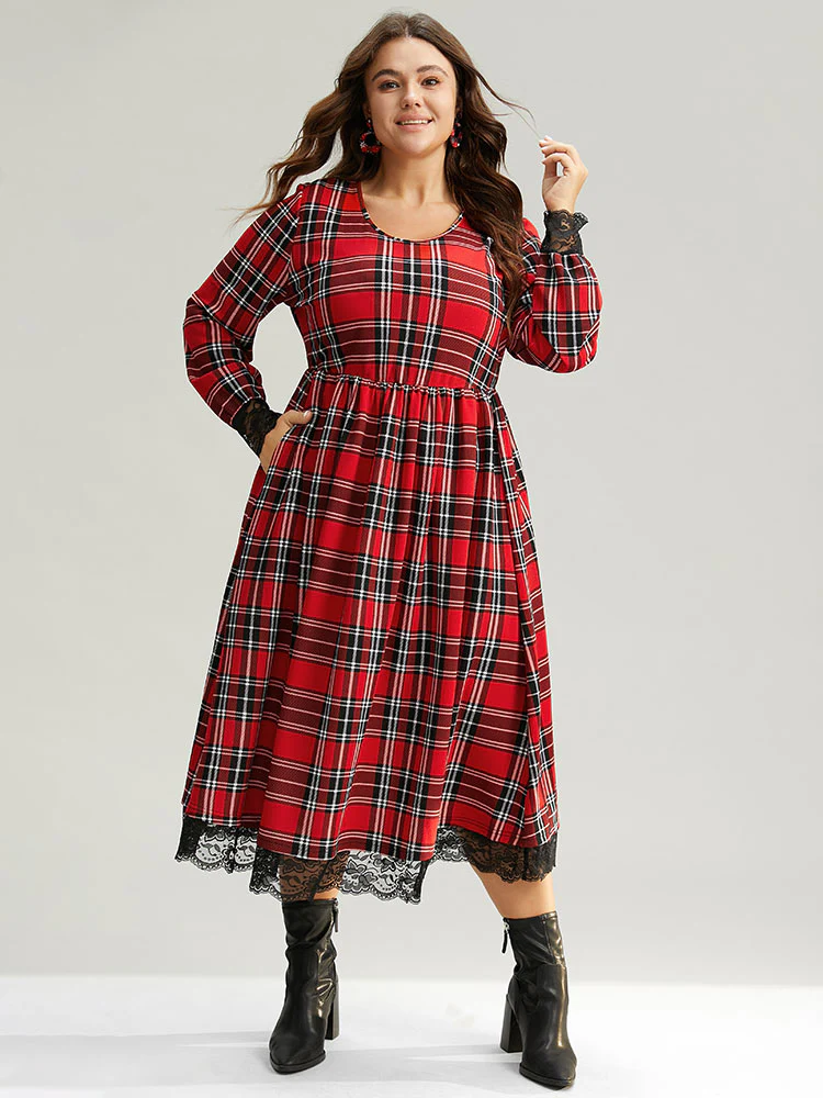 Plaid Guipure Lace Elastic Waist Gathered Dress - Image 6