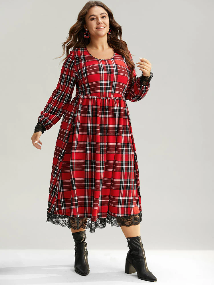 Plaid Guipure Lace Elastic Waist Gathered Dress - Image 7