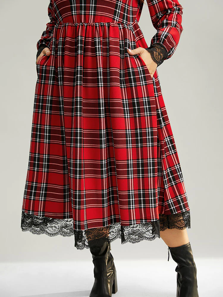 Plaid Guipure Lace Elastic Waist Gathered Dress - Image 8