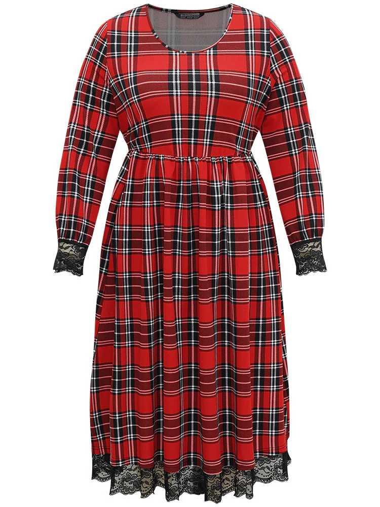 Plaid Guipure Lace Elastic Waist Gathered Dress - Image 9