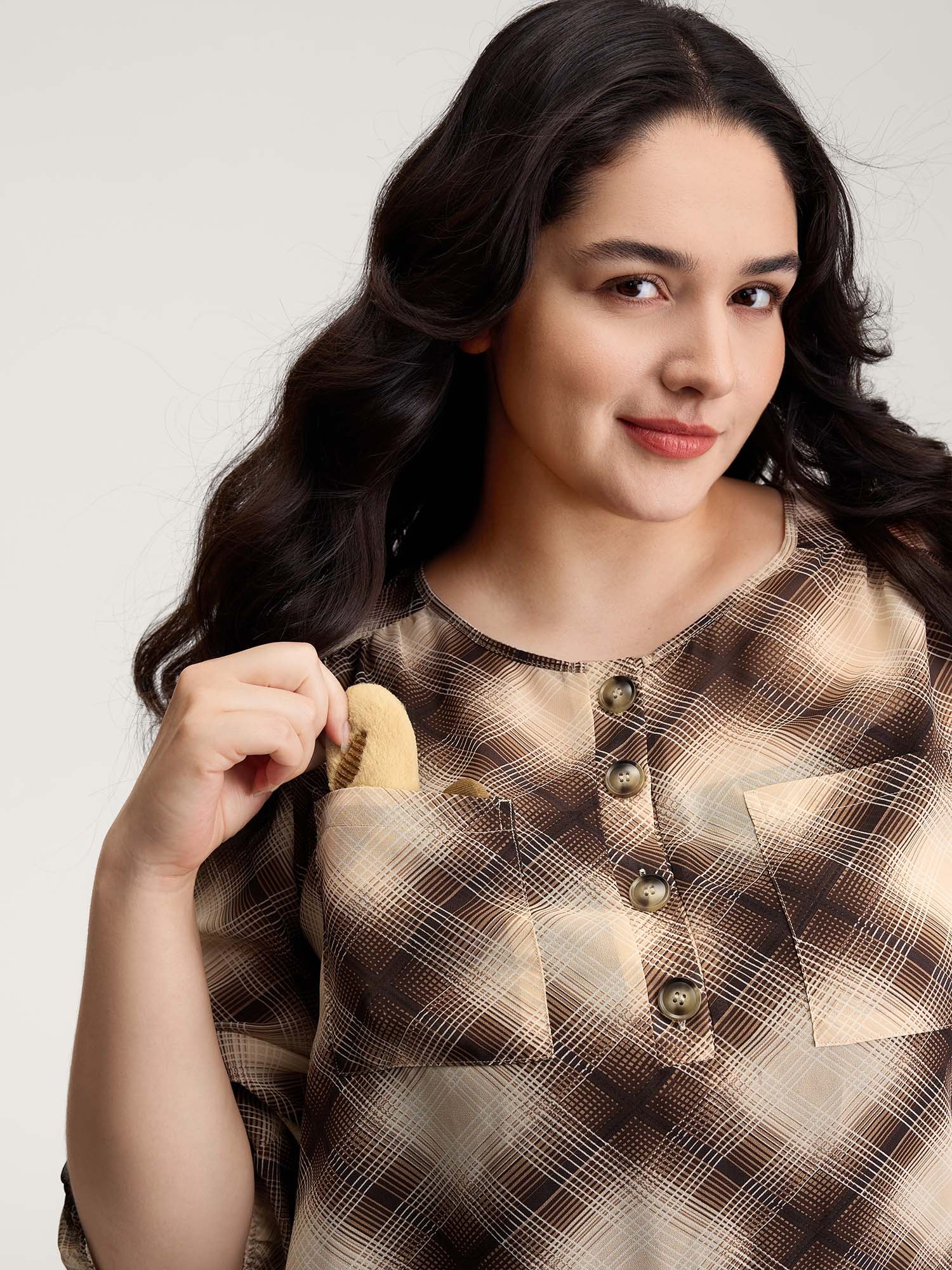 Plaid Half-Button Placket Semi-Sheer Blouse - Image 2