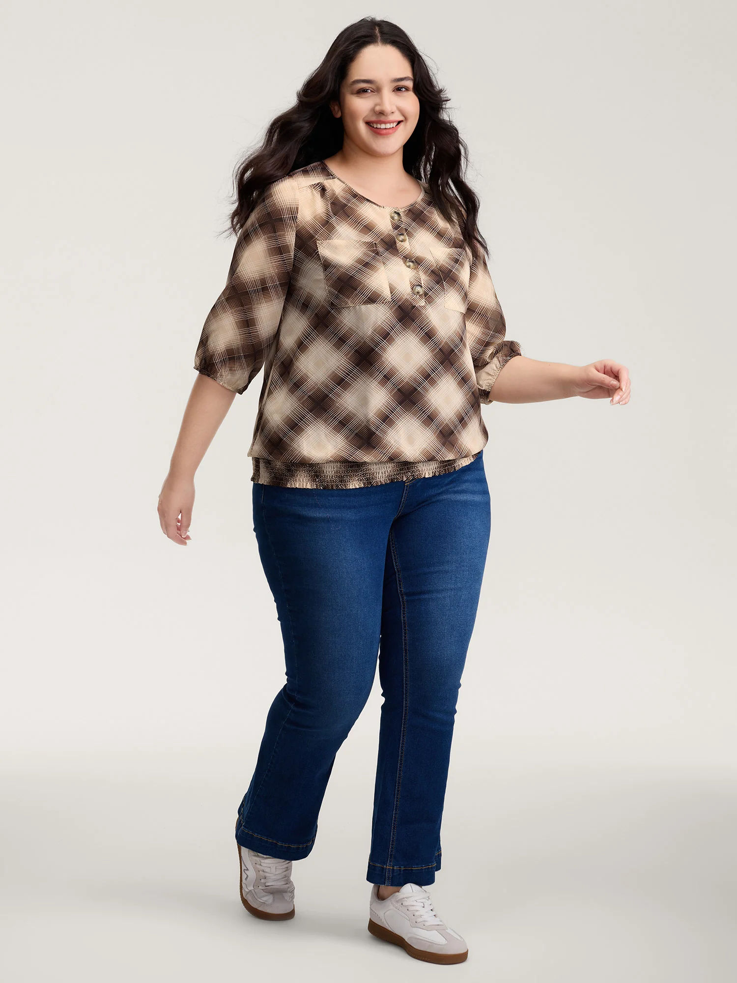 Plaid Half-Button Placket Semi-Sheer Blouse - Image 3