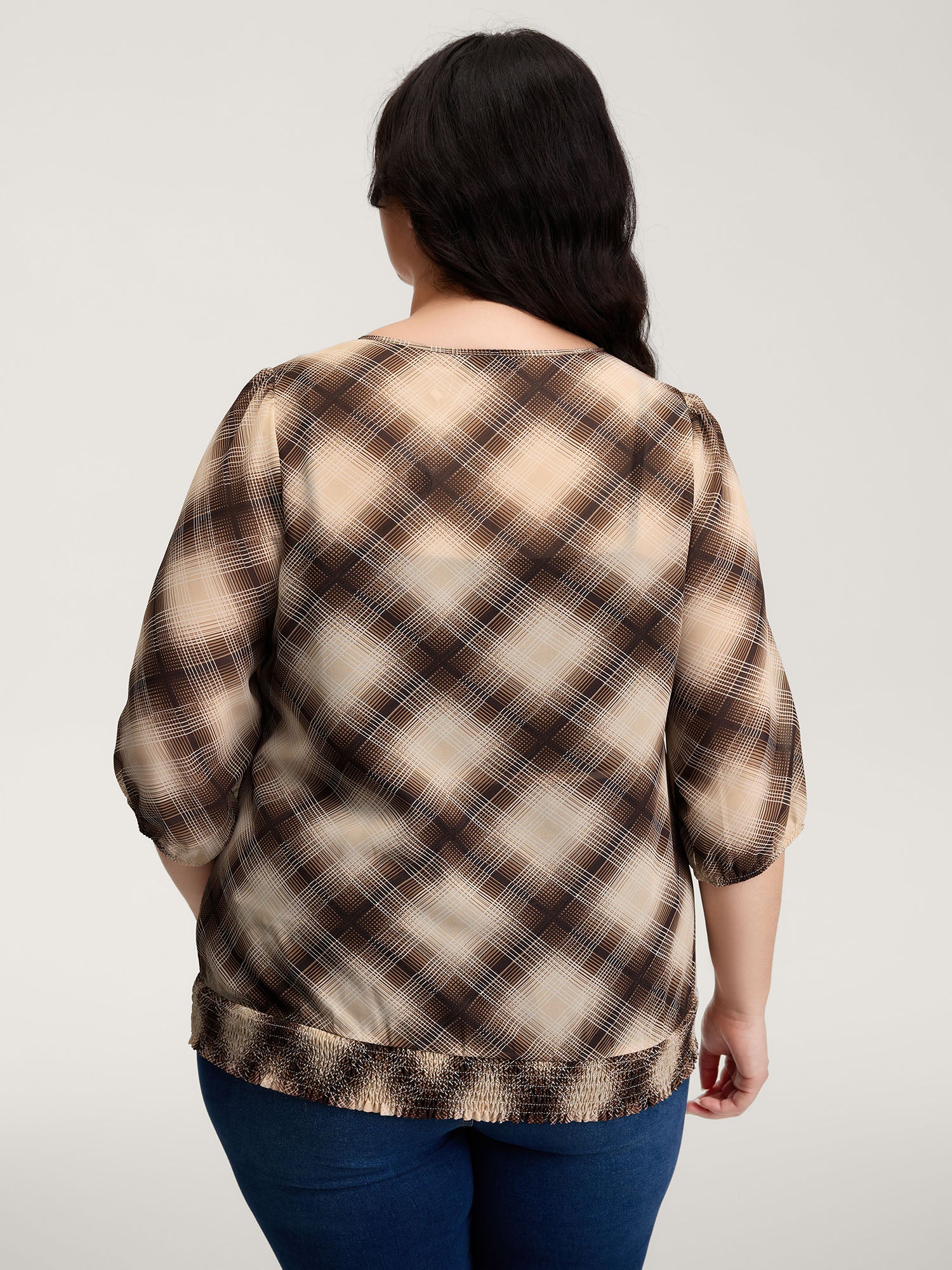 Plaid Half-Button Placket Semi-Sheer Blouse - Image 4