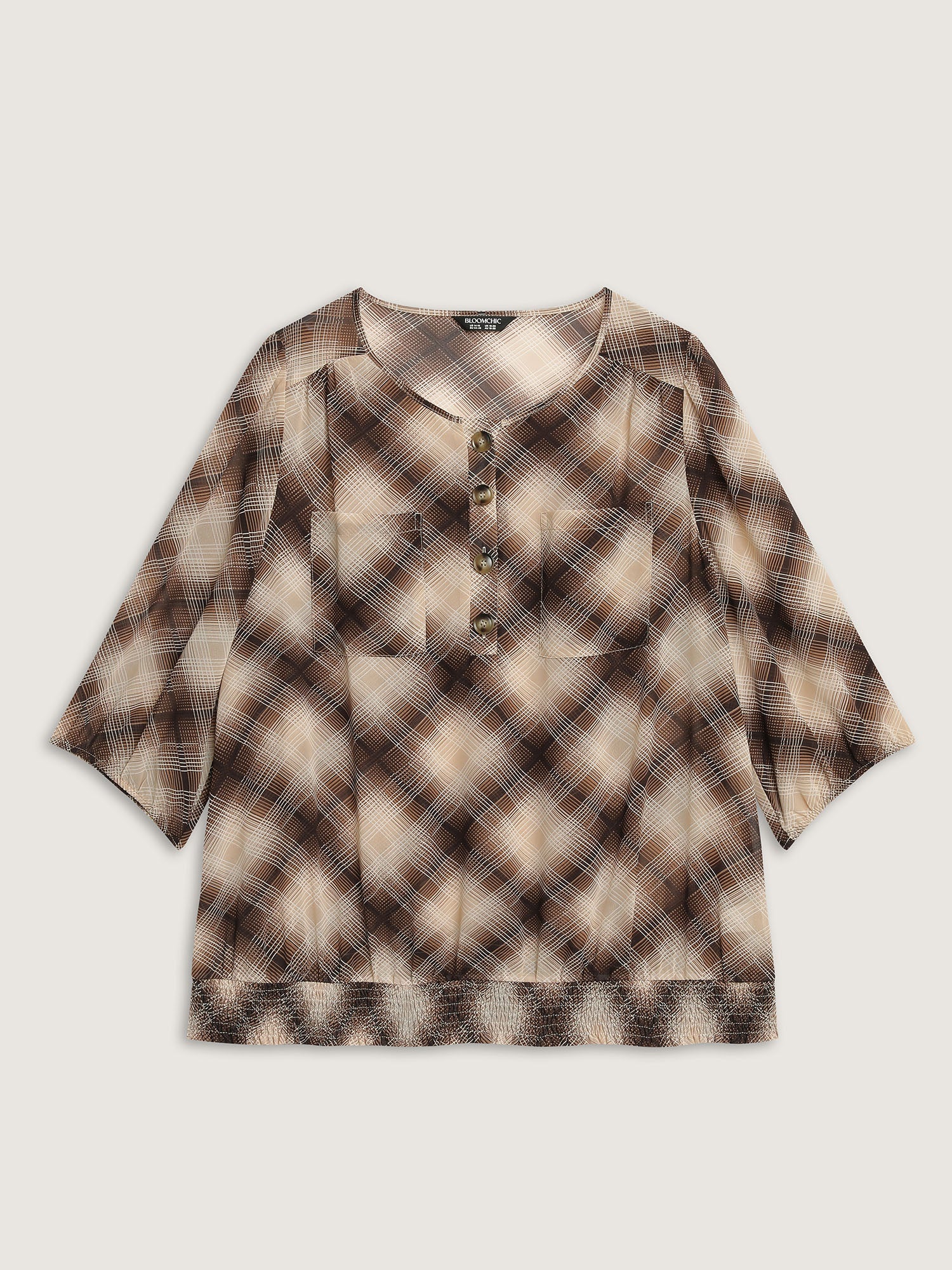 Plaid Half-Button Placket Semi-Sheer Blouse - Image 7