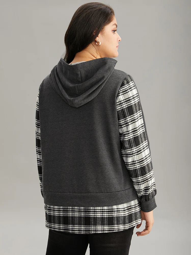 Plaid Hem Patchwork Hooded Sweatshirt - Image 2