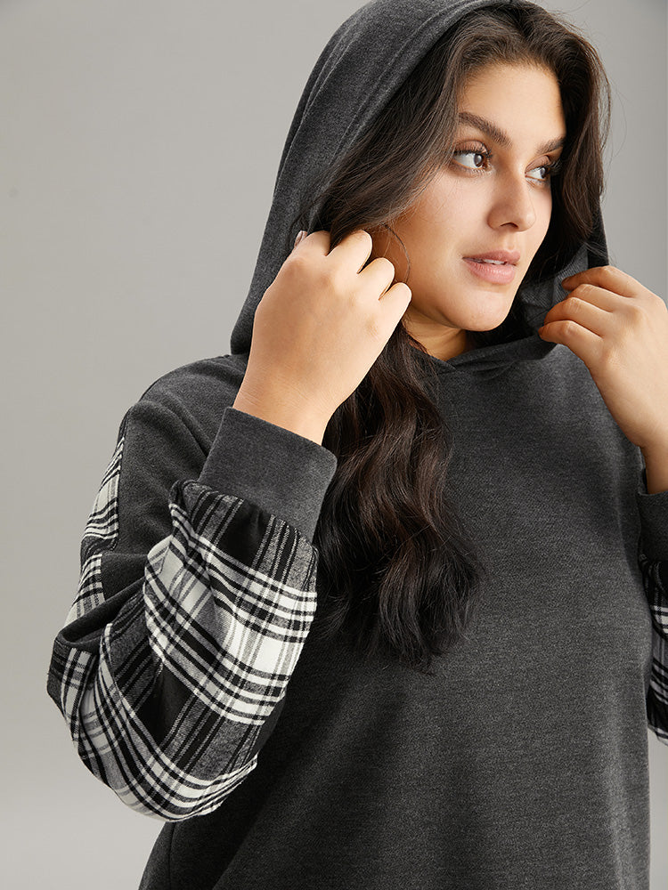 Plaid Hem Patchwork Hooded Sweatshirt - Image 3