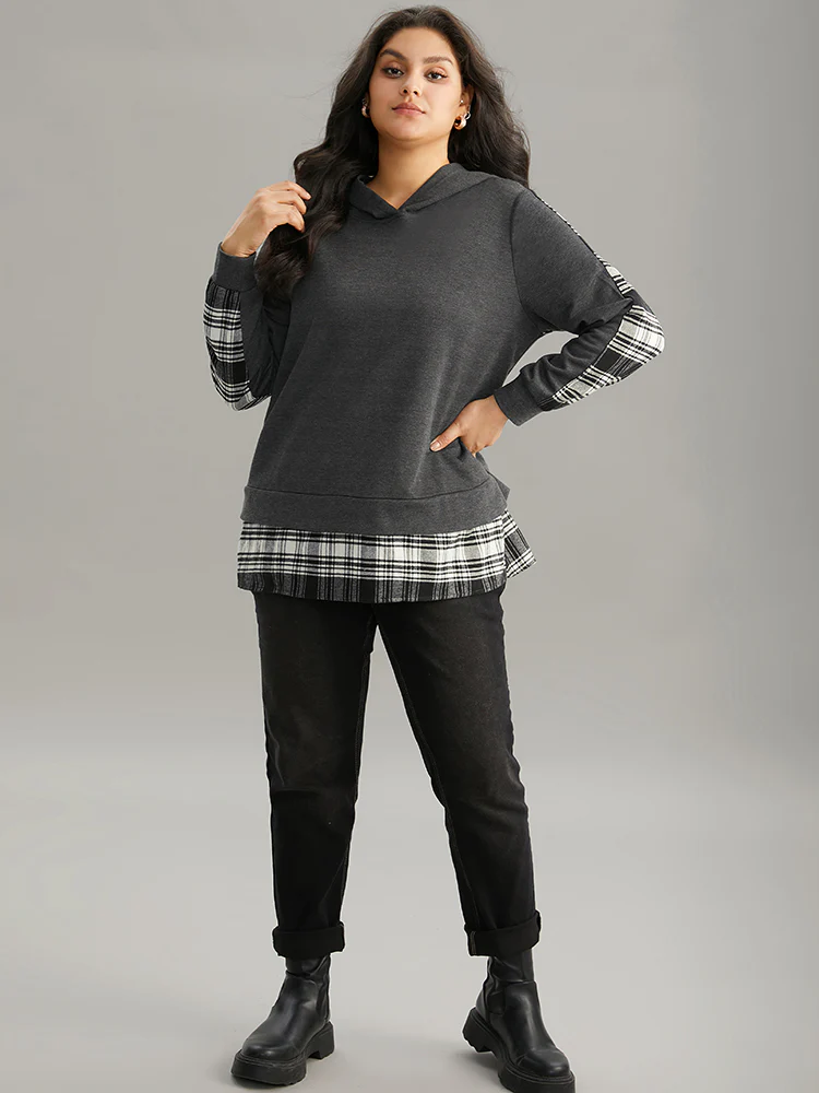 Plaid Hem Patchwork Hooded Sweatshirt - Image 4