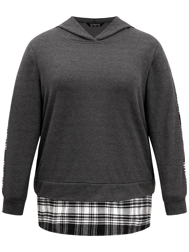 Plaid Hem Patchwork Hooded Sweatshirt - Image 5