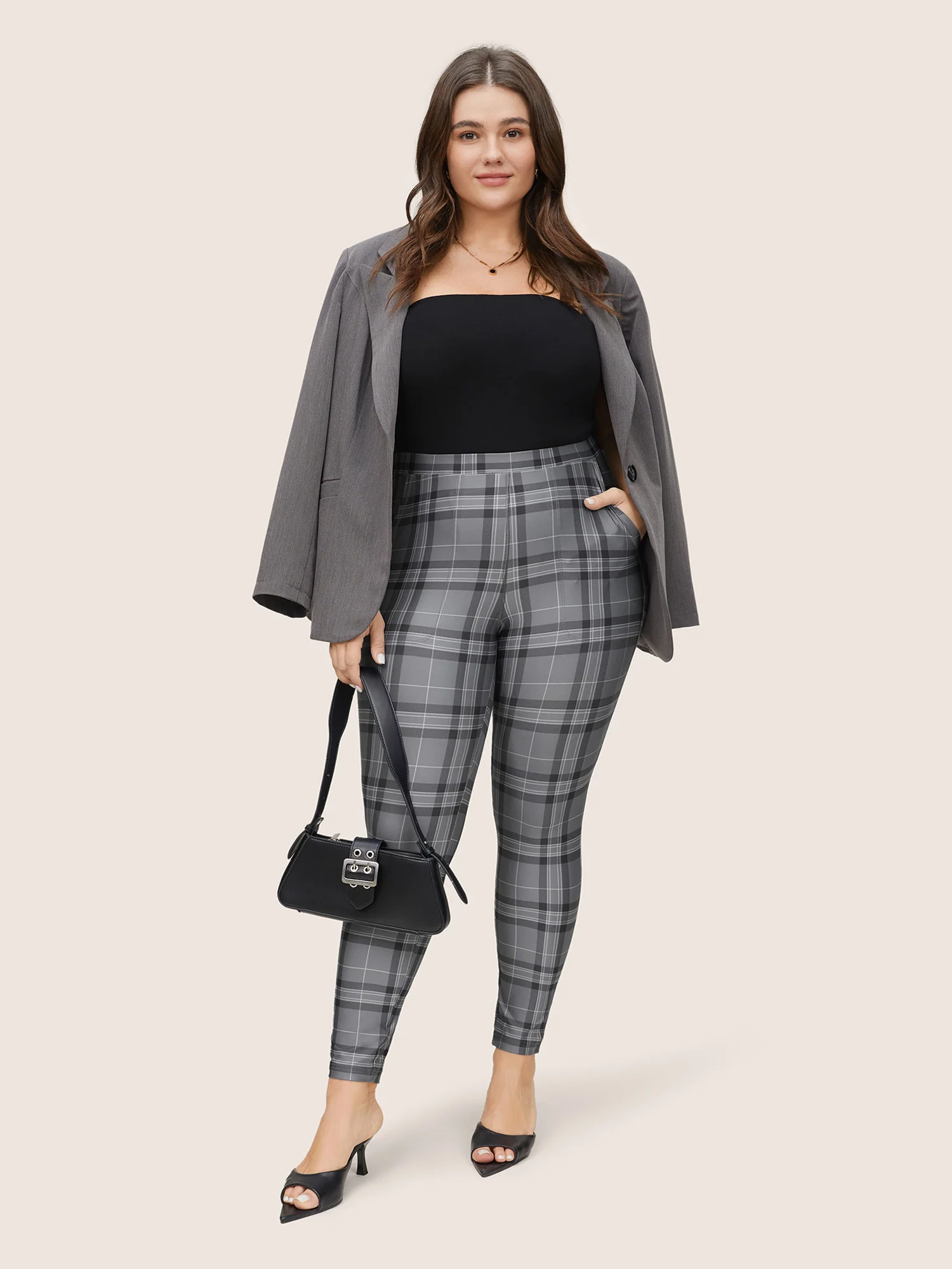 Plaid High Rise Slant Pocket Skinny Leggings - Image 3