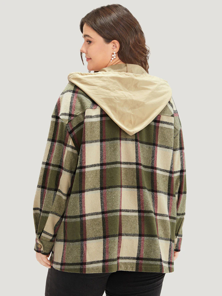 Plaid Hooded Drawstring Pocket Coat - Image 2