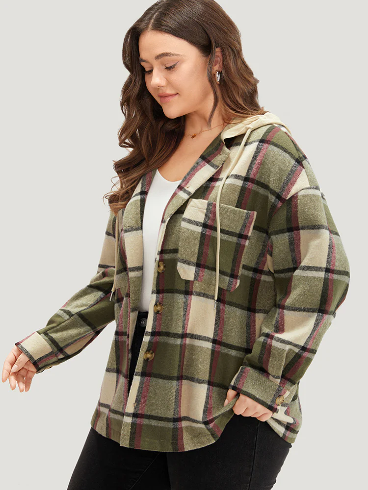 Plaid Hooded Drawstring Pocket Coat - Image 3
