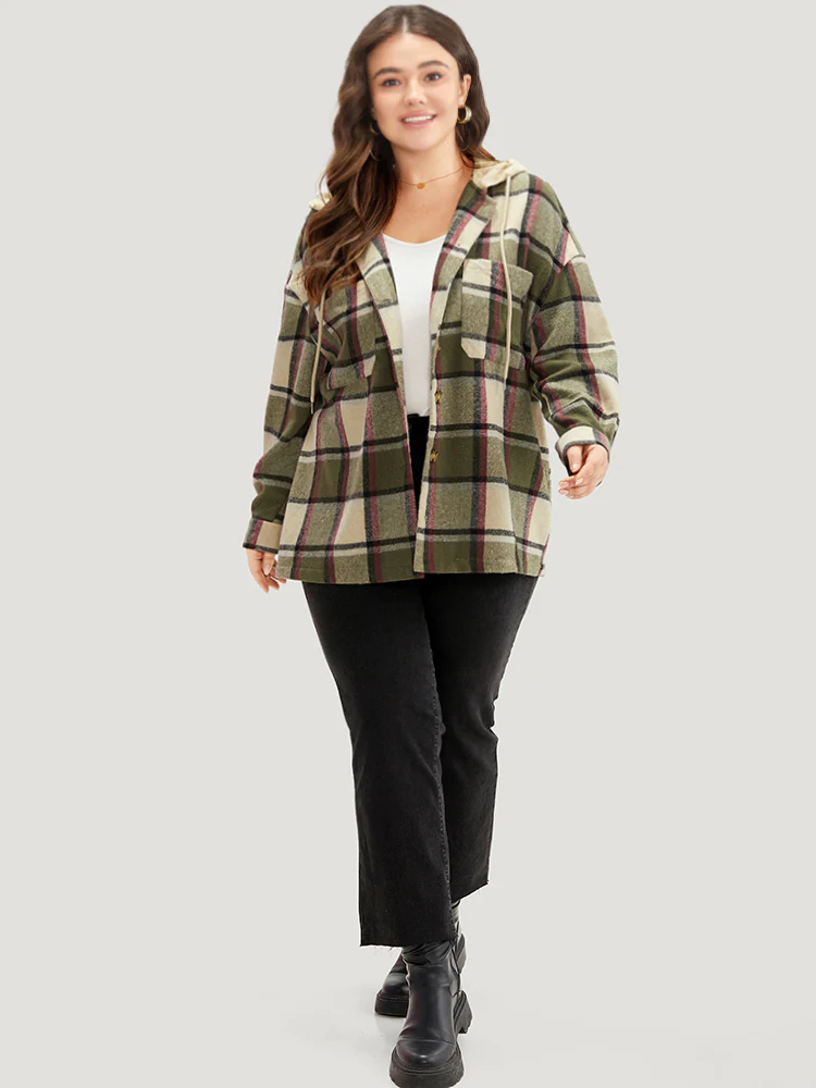 Plaid Hooded Drawstring Pocket Coat - Image 4