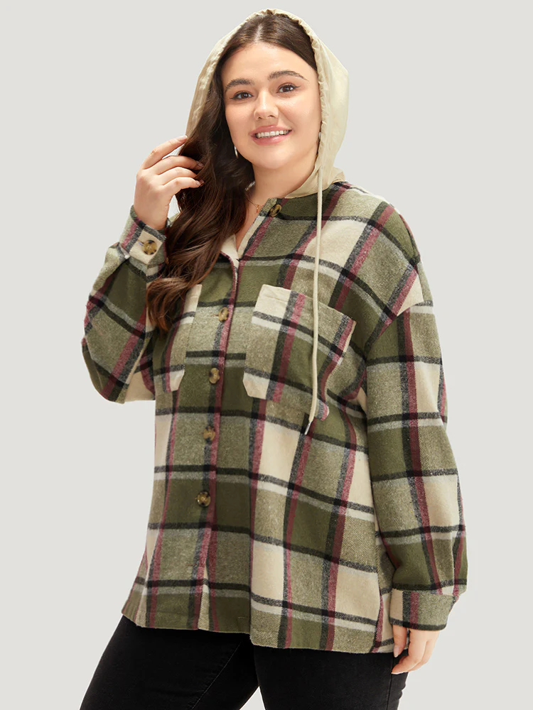 Plaid Hooded Drawstring Pocket Coat - Image 5