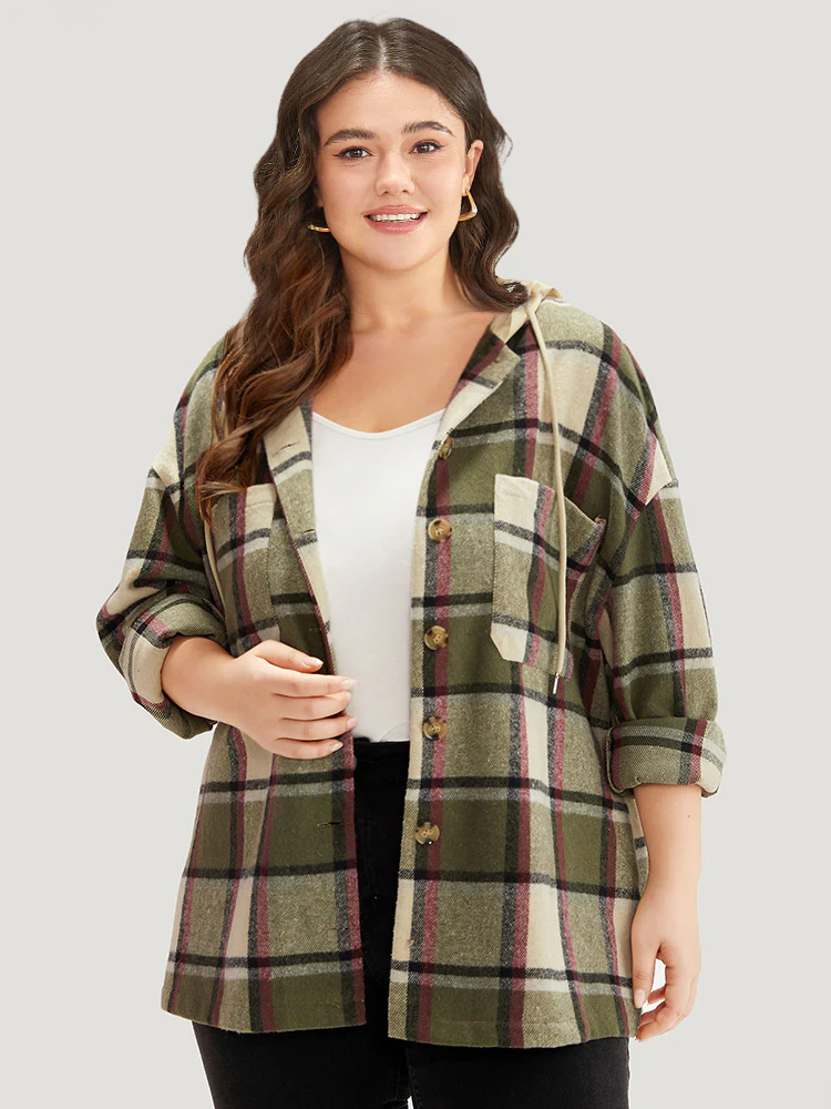 Plaid Hooded Drawstring Pocket Coat - Image 6