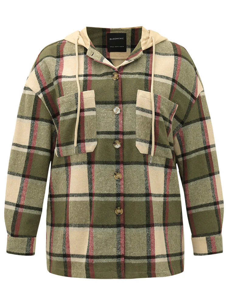 Plaid Hooded Drawstring Pocket Coat - Image 9