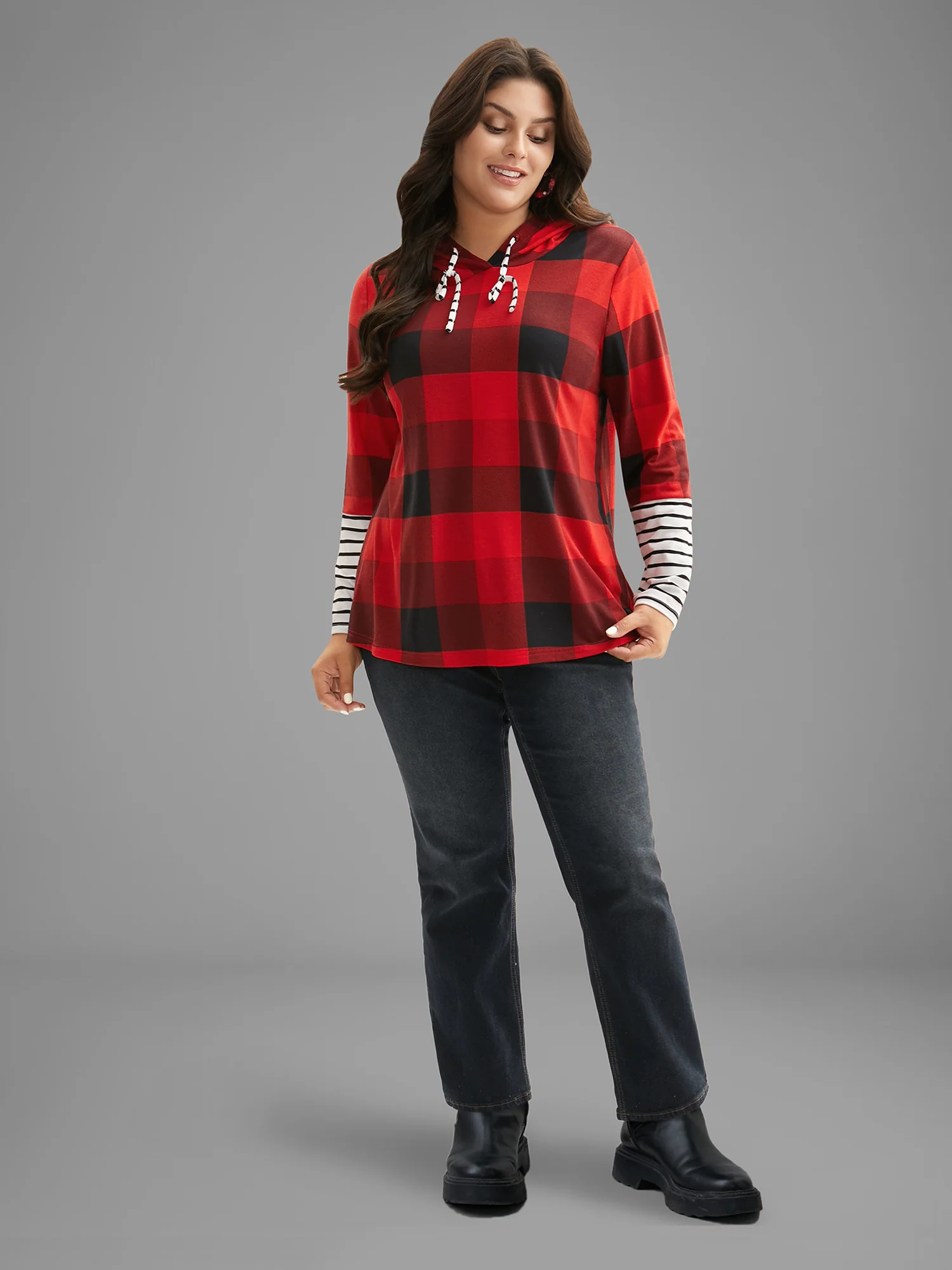 Plaid Hooded Drawstring Straight Fit Tee - Image 2