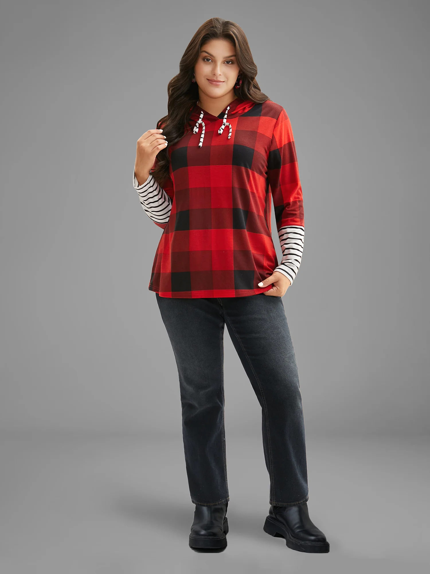 Plaid Hooded Drawstring Straight Fit Tee - Image 3