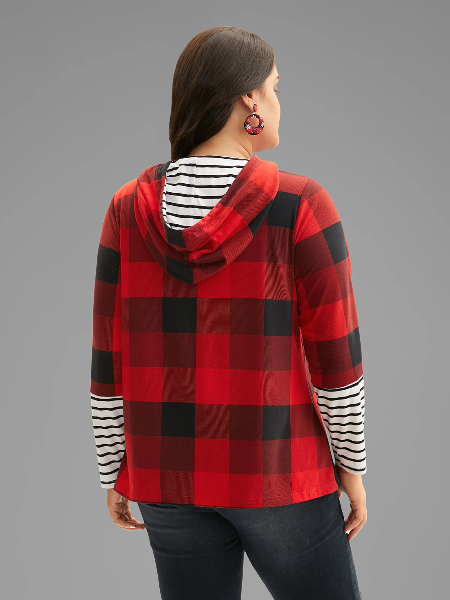 Plaid Hooded Drawstring Straight Fit Tee - Image 4