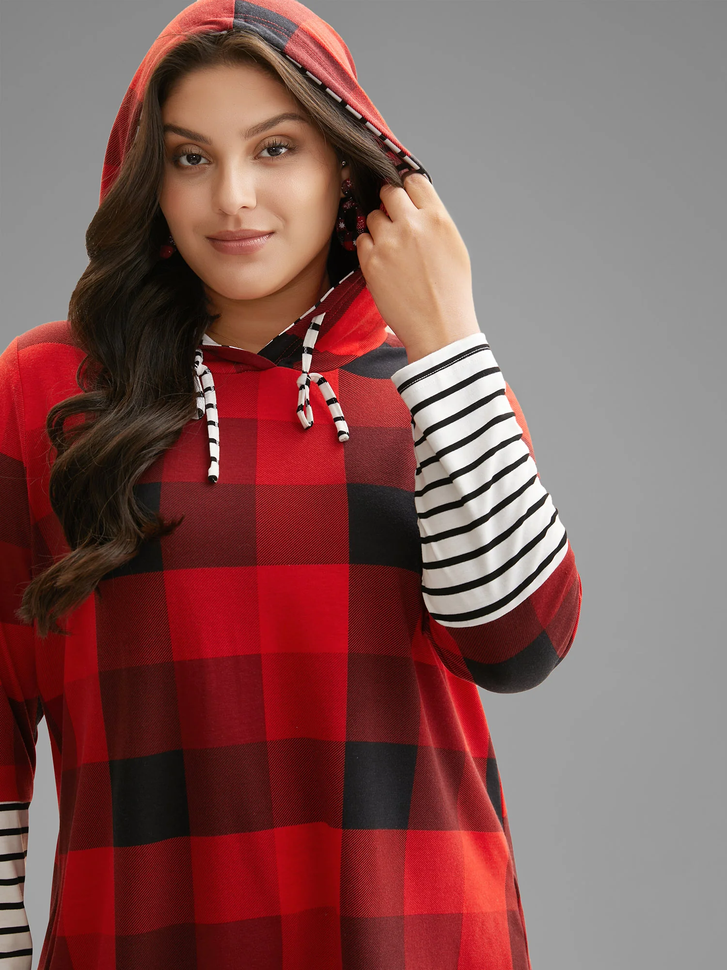 Plaid Hooded Drawstring Straight Fit Tee - Image 5