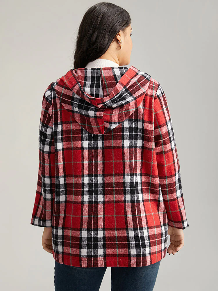 Plaid Hooded Pocket Duffle Button Coat - Image 2