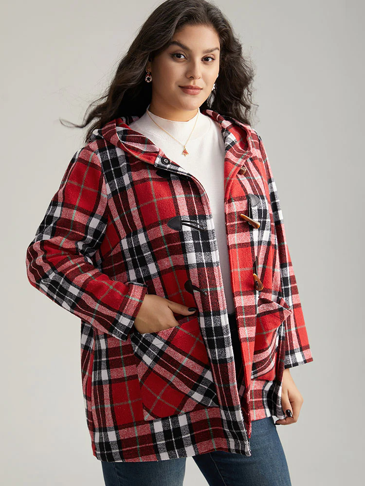 Plaid Hooded Pocket Duffle Button Coat - Image 3