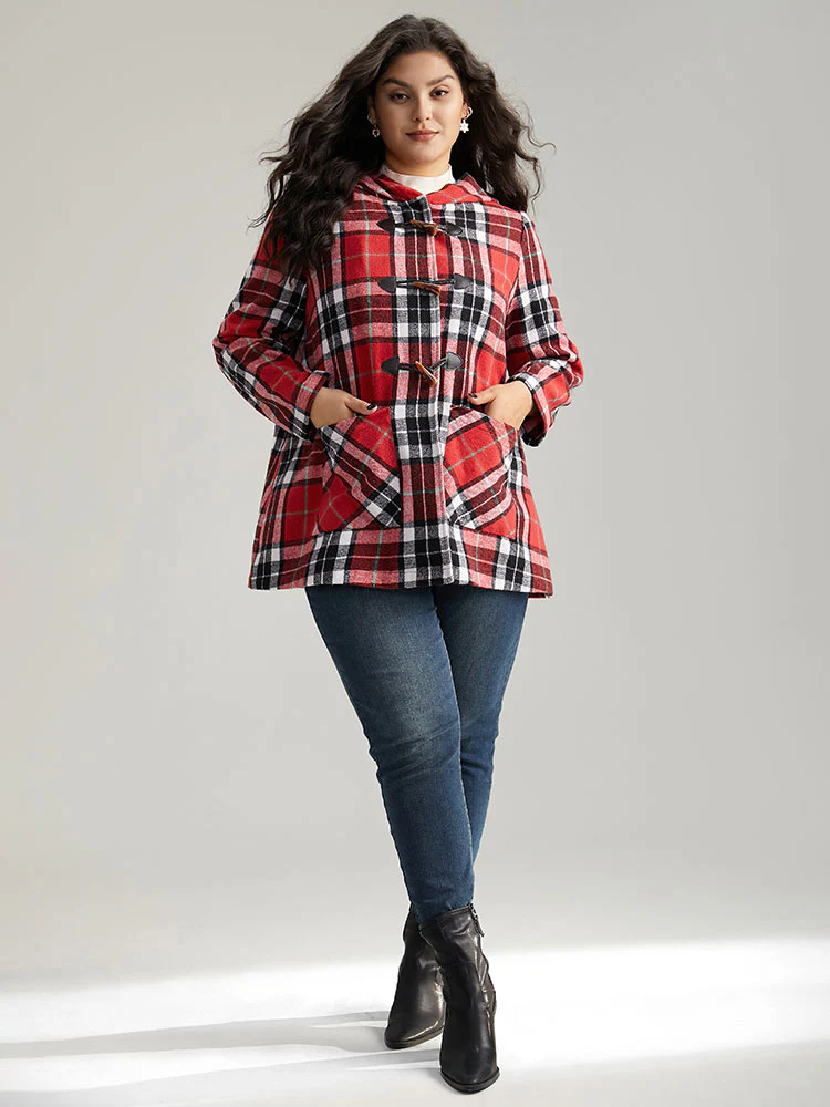 Plaid Hooded Pocket Duffle Button Coat - Image 4
