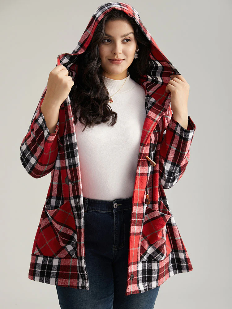 Plaid Hooded Pocket Duffle Button Coat - Image 5