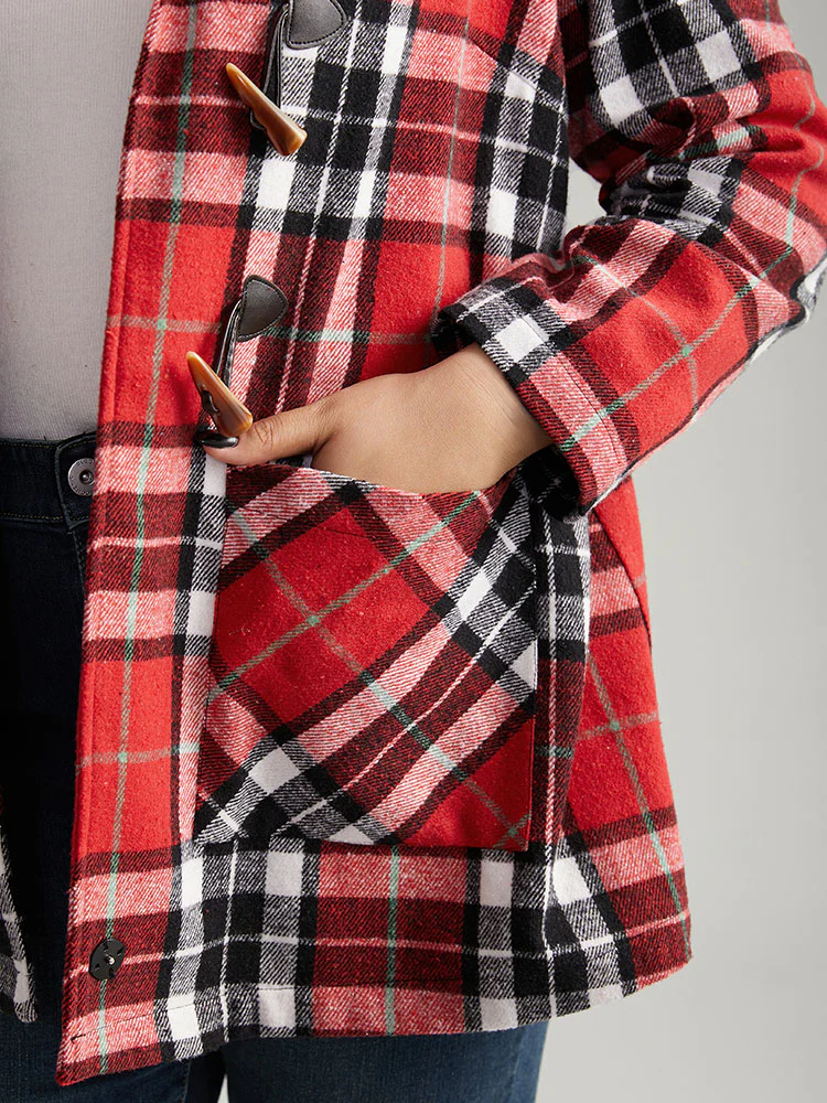Plaid Hooded Pocket Duffle Button Coat - Image 6