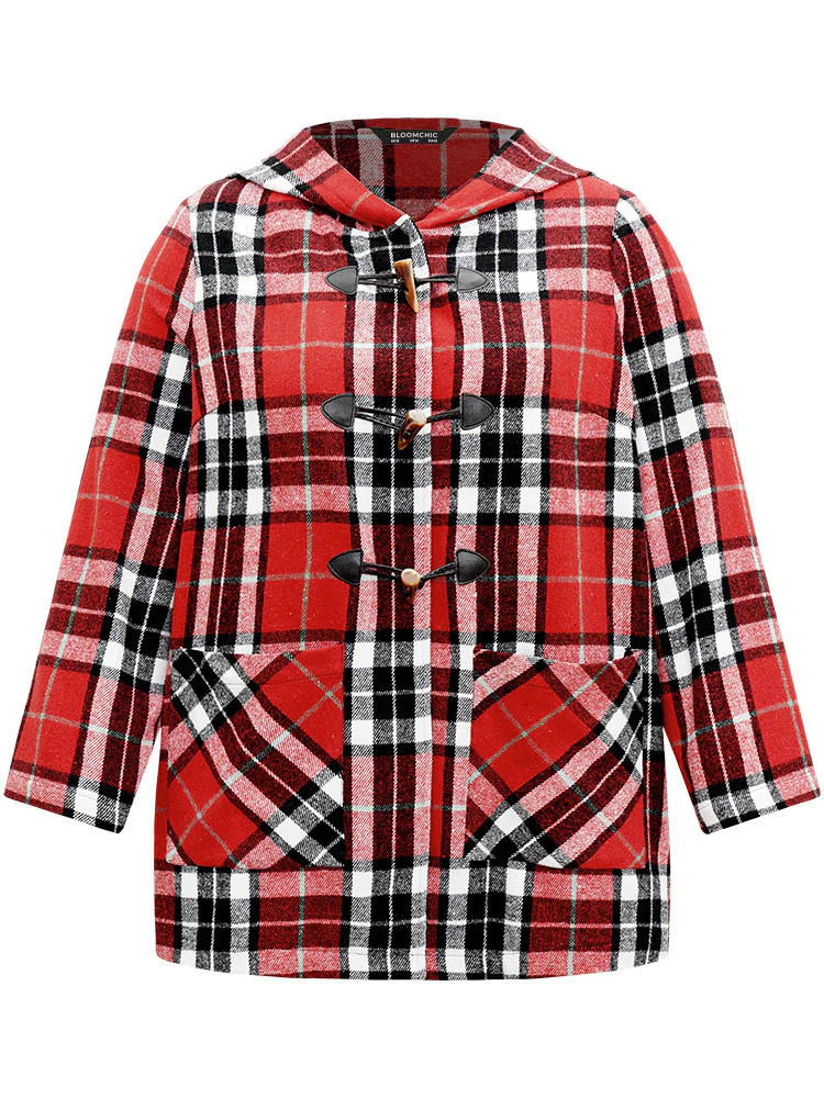 Plaid Hooded Pocket Duffle Button Coat - Image 7