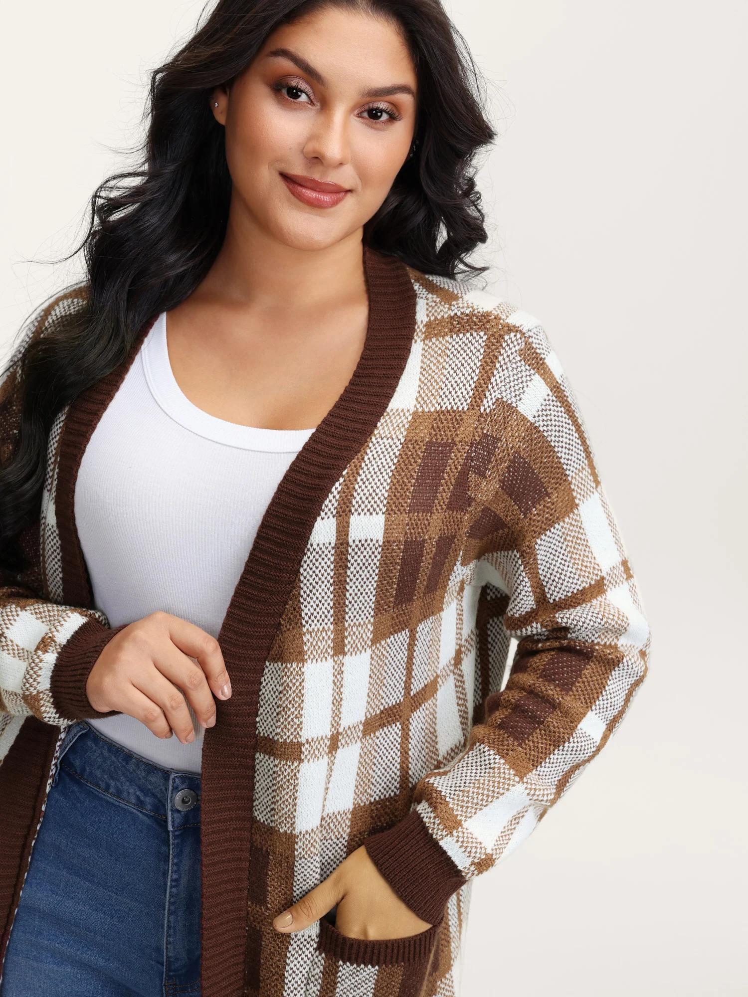 Plaid Jacquard Pattern Knit Cardigan - Image 2