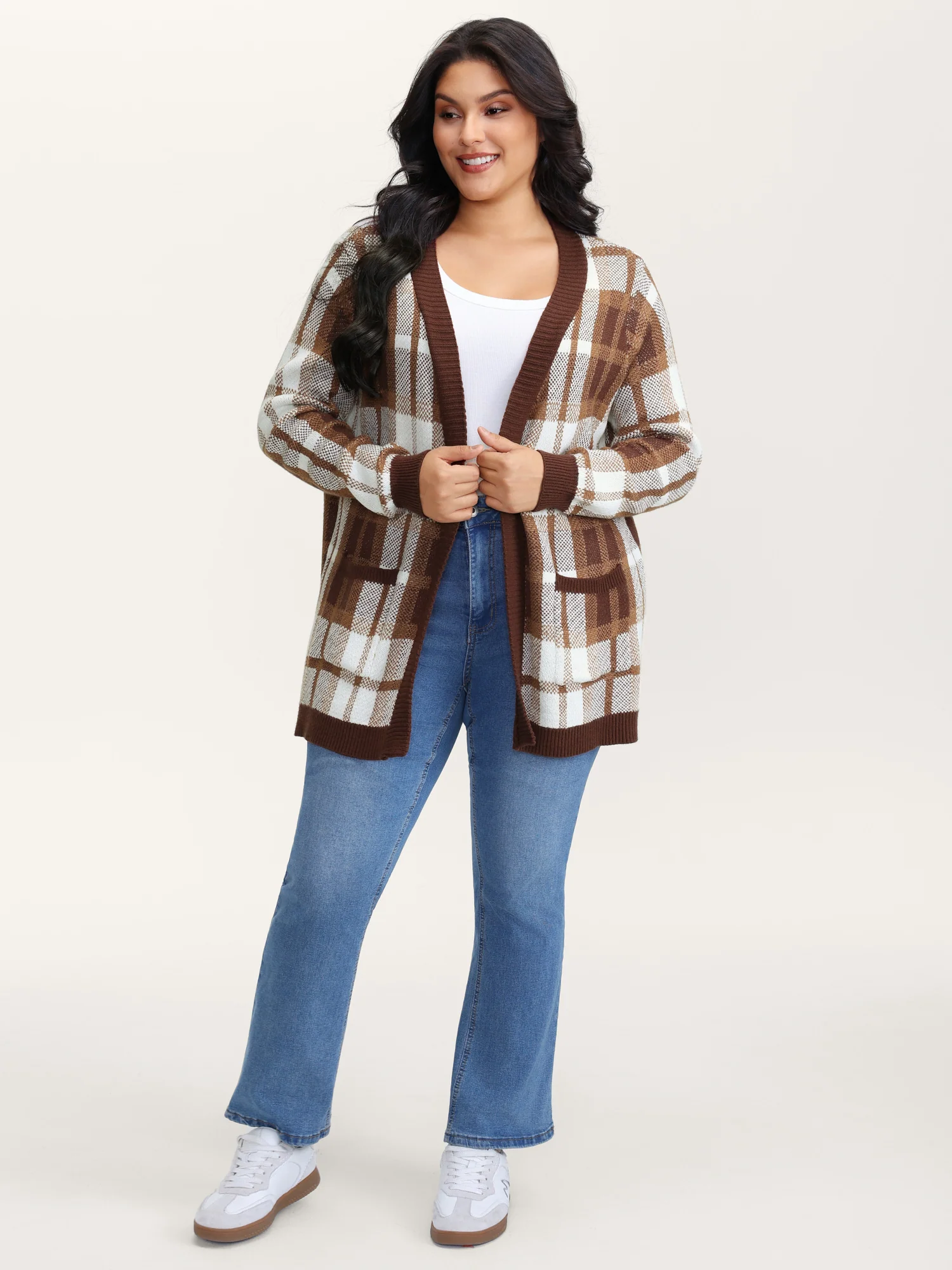 Plaid Jacquard Pattern Knit Cardigan - Image 3