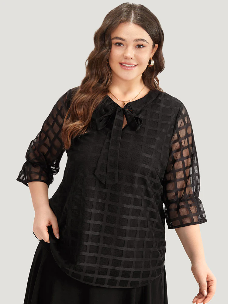 Plaid Knot Neck Mesh Woven Top - Image 3