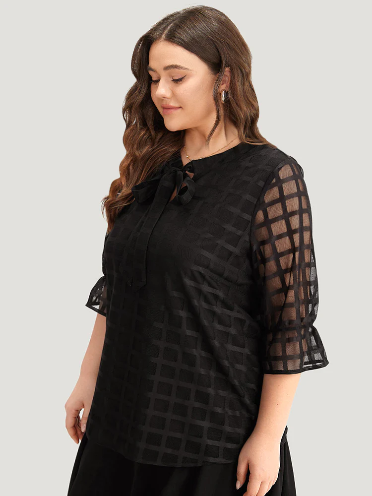 Plaid Knot Neck Mesh Woven Top - Image 4