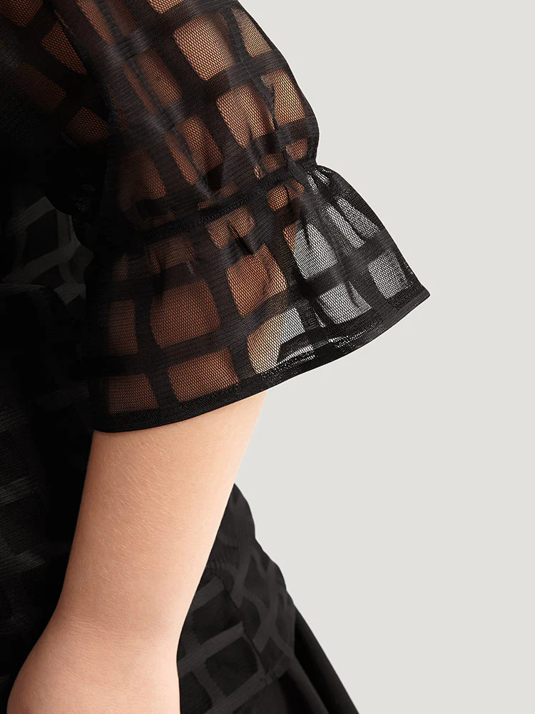 Plaid Knot Neck Mesh Woven Top - Image 5