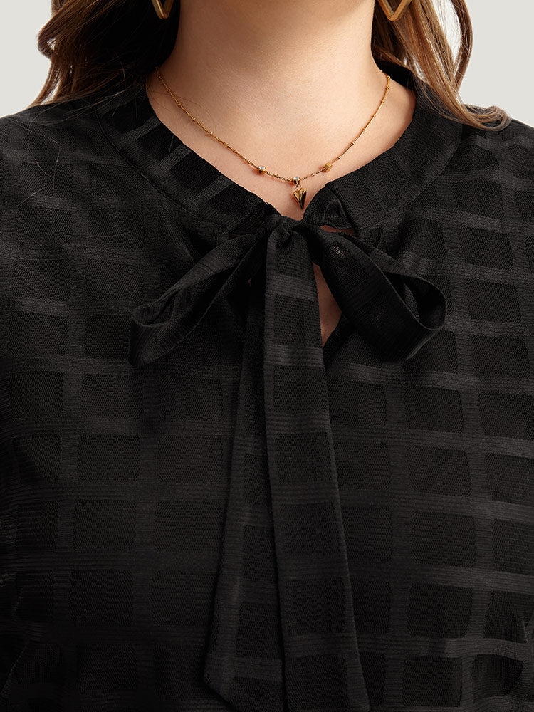 Plaid Knot Neck Mesh Woven Top - Image 6