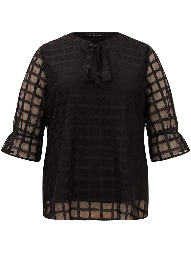 Plaid Knot Neck Mesh Woven Top - Image 7