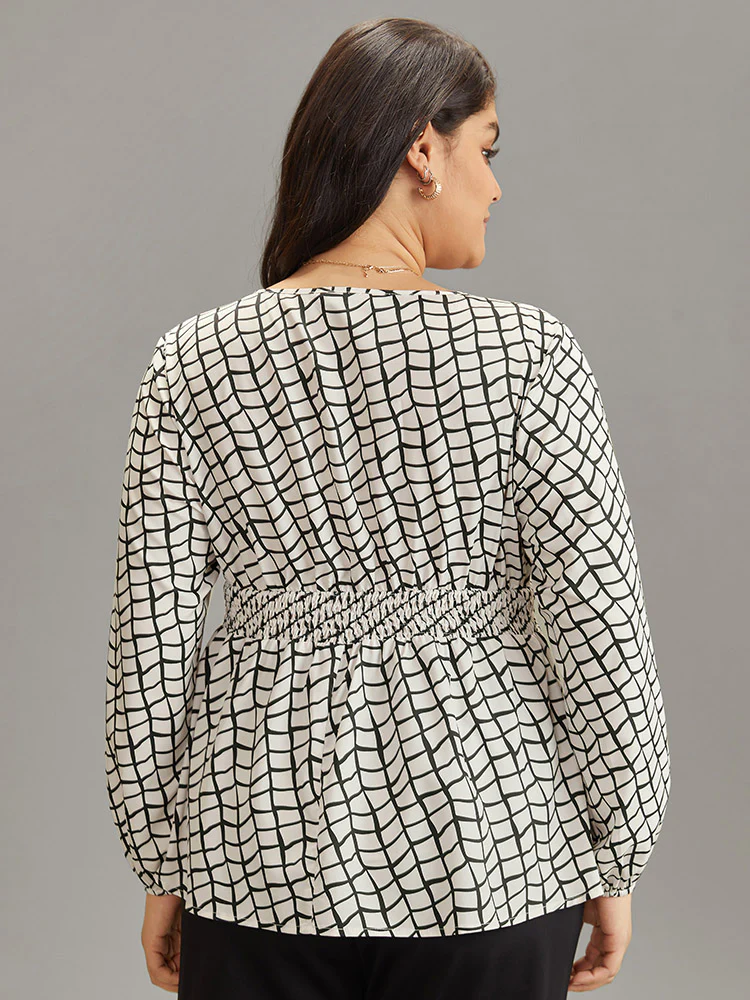 Plaid Lace Up Overlap Collar Shirred Blouse - Image 2