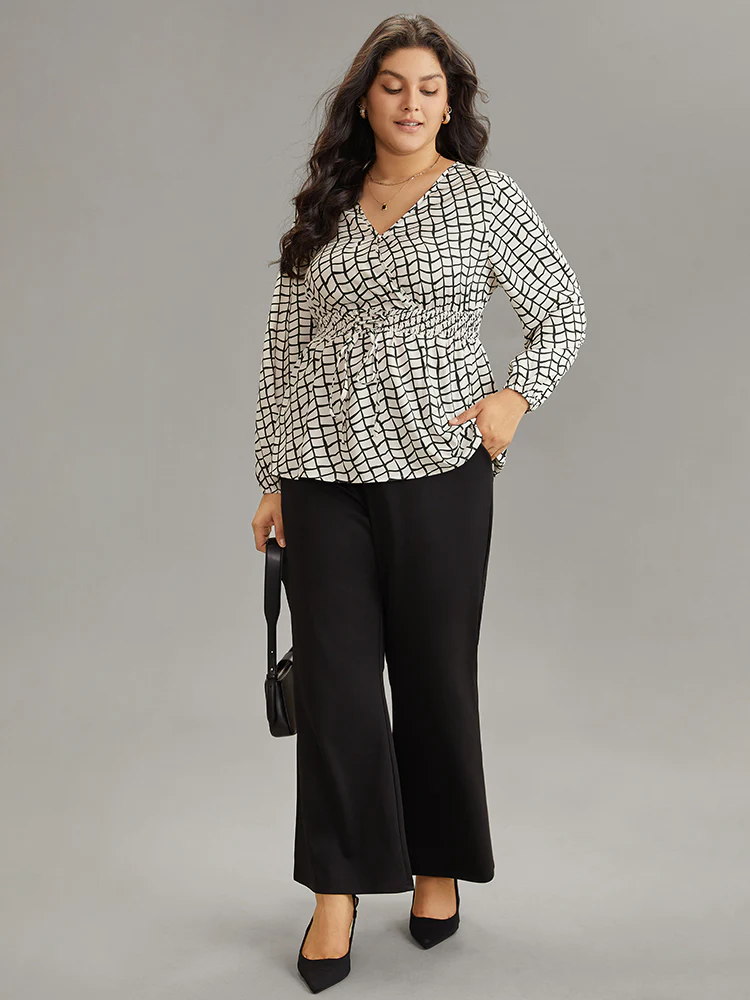 Plaid Lace Up Overlap Collar Shirred Blouse - Image 3