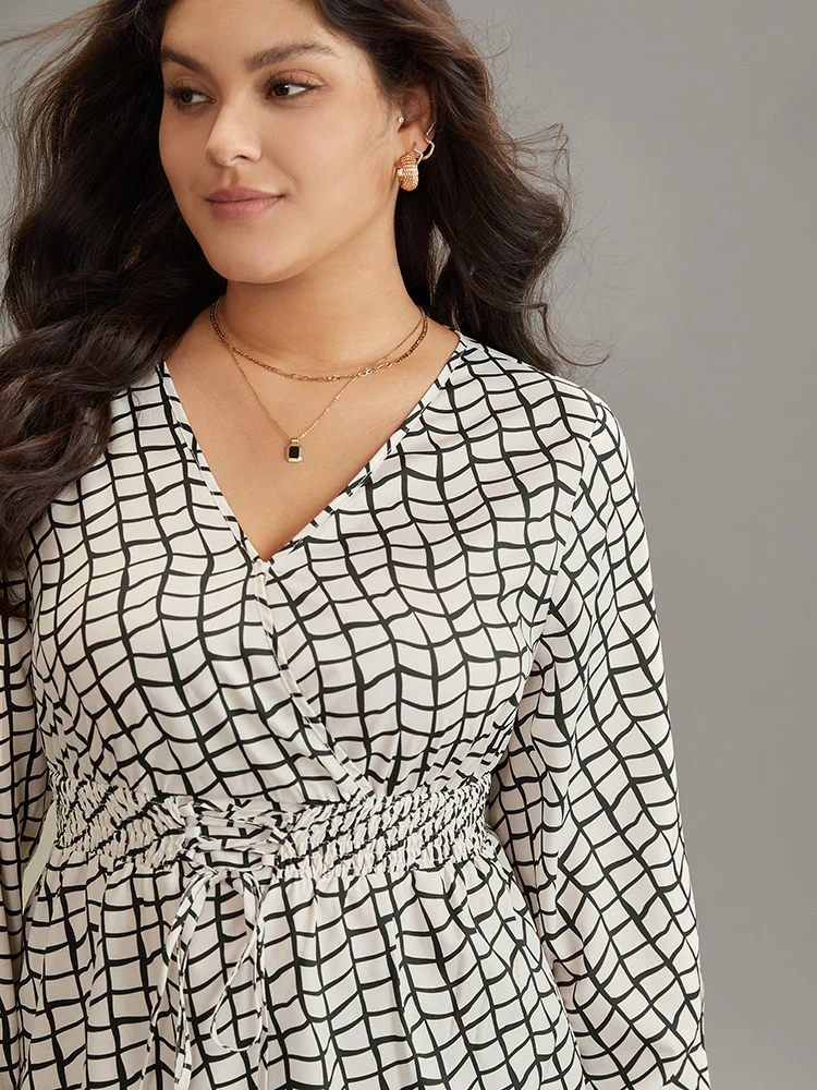 Plaid Lace Up Overlap Collar Shirred Blouse - Image 4