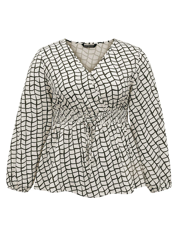 Plaid Lace Up Overlap Collar Shirred Blouse - Image 5