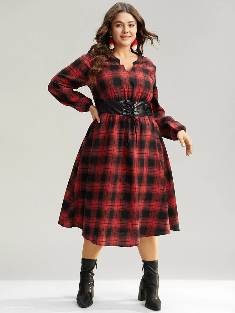 Plaid Lace Up PU Leather Notched Dress - Image 2